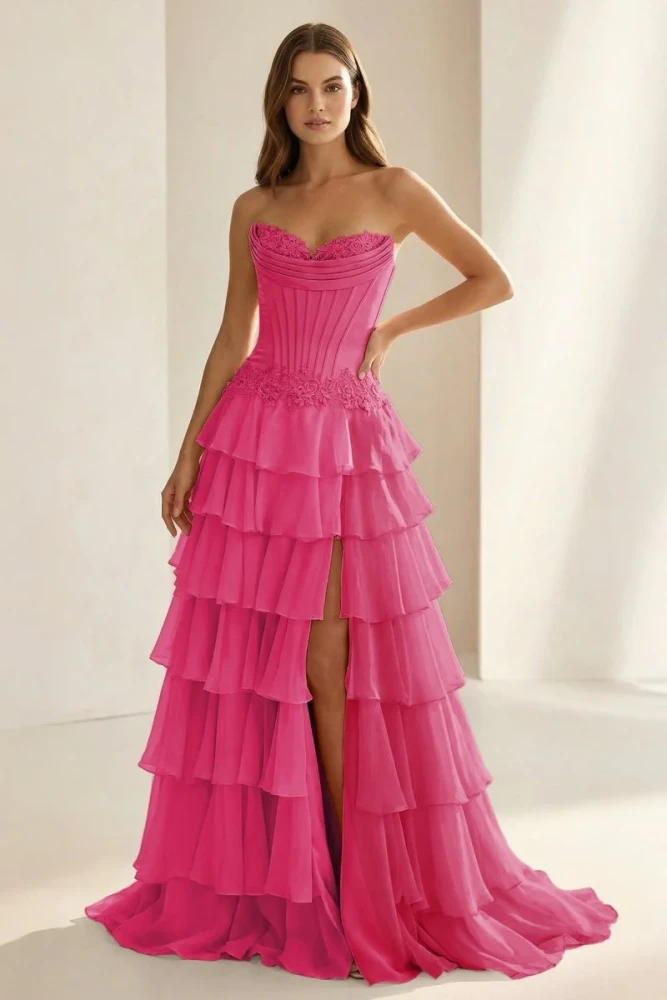 Jaleira | Pink - Sweetheart Chiffon Ruffled A Line Formal Prom Dresses With Appliques