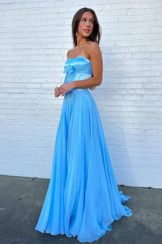 Ivelisse | Blue - A Line Strapless Pleated Chiffon Long Prom Dress with Bow
