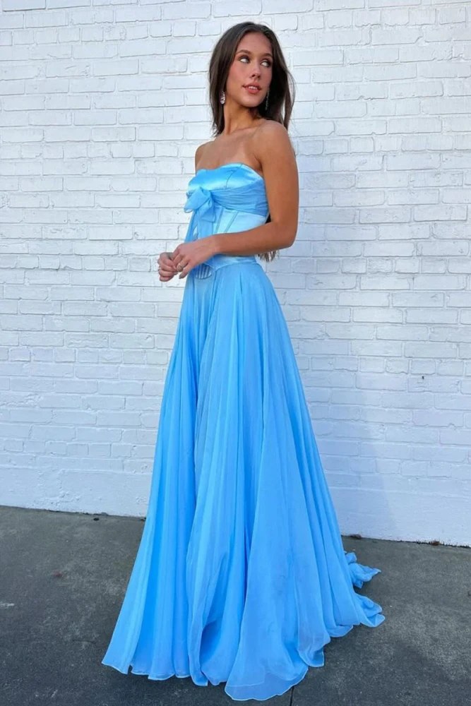 Ivelisse | Blue - A Line Strapless Pleated Chiffon Long Prom Dress with Bow