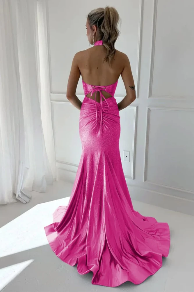 Harlin | Sky Blue - Halter Mermaid Satin Beaded Long Formal Prom Dresses With Slit