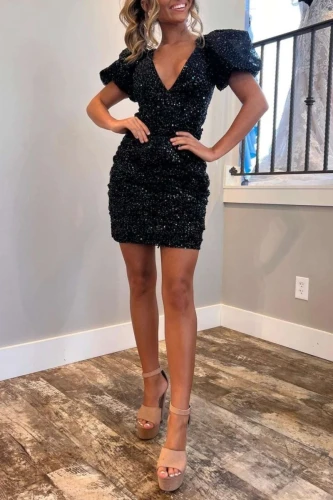 Isabela | Black Sequin V-Neck Sheath Short Sleeve Mini Party Dresses