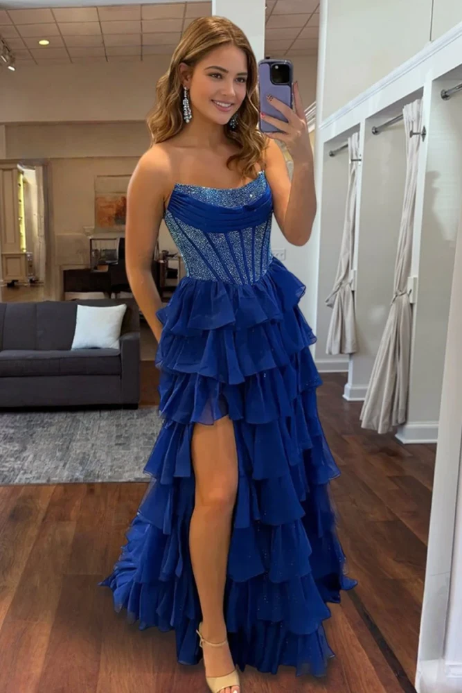 Hanya | Navy Blue - A Line Strapless Chiffon Beaded Corset Long Prom Dress With Slit