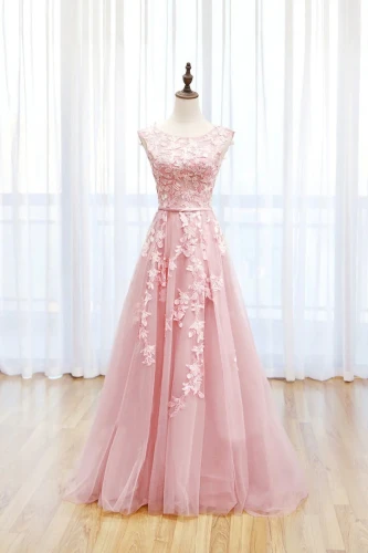 Irene | Pink Tulle Lace Long Prom Dress, Lovely A-Line Open Back Evening Dress
