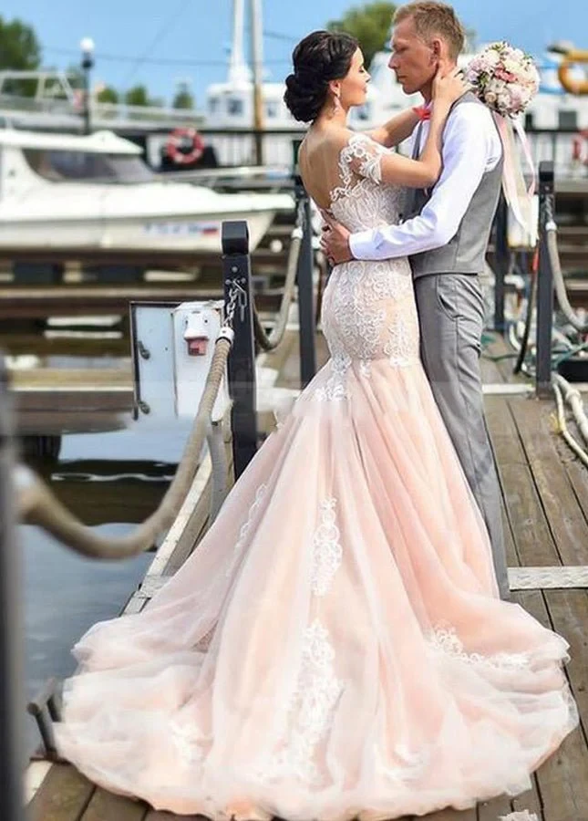 Gorgeous Mermaid Appliqued Lace Tulle Bridal Gowns With Lace-up Back