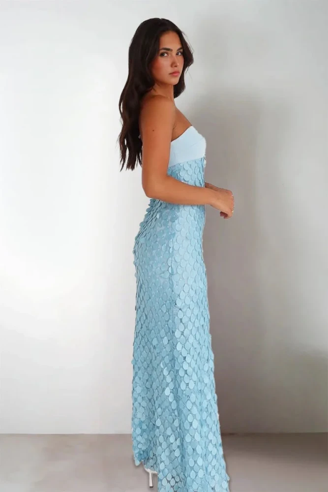 Islen | Blue - Sheath Strapless Long Prom Dresses with Sequins
