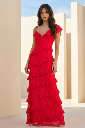 Iverie | Red Sheath V Neck Lace Long Prom Dresses With Ruffles