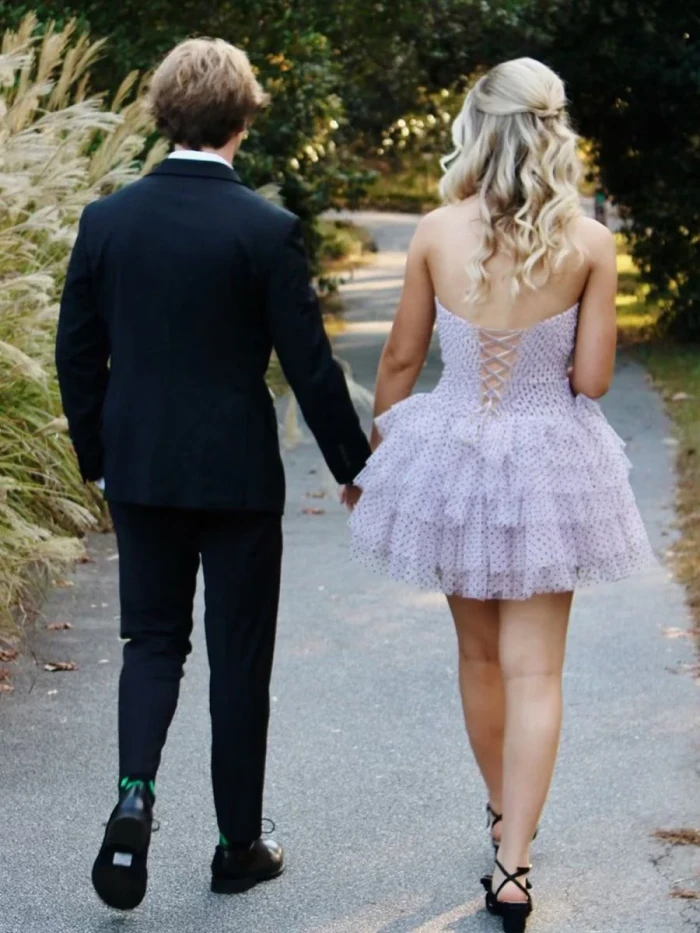 Haviah |  Pink - A Line Strapless Dot Tulle Ruffle Homecoming Dresses With Bow