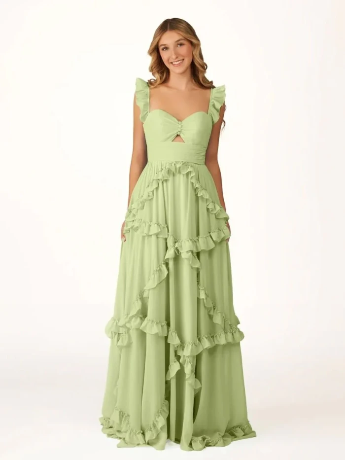 Hubery | A-Line Straps Sky Blue Chiffon Ruffles Long Prom Dress