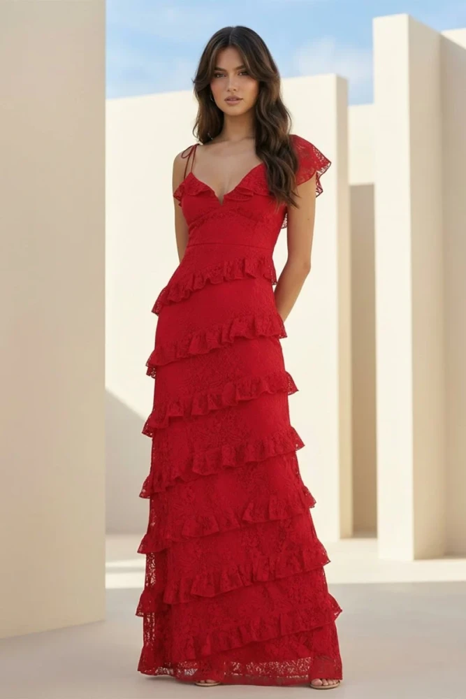 Iverie | Red Sheath V Neck Lace Long Prom Dresses With Ruffles