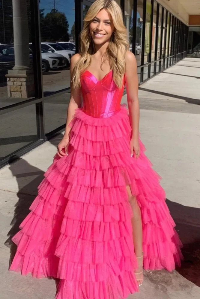 Harmony | A-Line Sweetheart Tiered Tulle Prom Dress with Slit