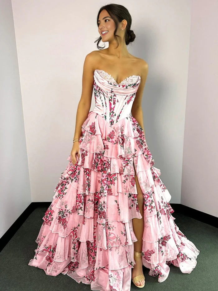 Haruko | A-Line Blush Strapless Chiffon Floral Ruffled Prom Dress With Slit