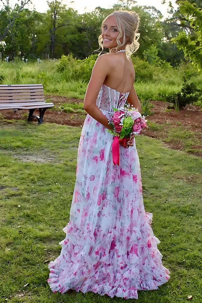 Heraldine | Pink - Halter A Line Floral Chiffon Ruffled Formal Prom Dresses With Beading
