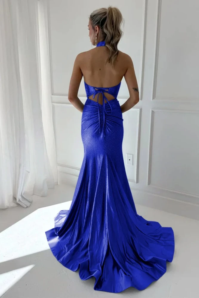 Harlin | Sky Blue - Halter Mermaid Satin Beaded Long Formal Prom Dresses With Slit