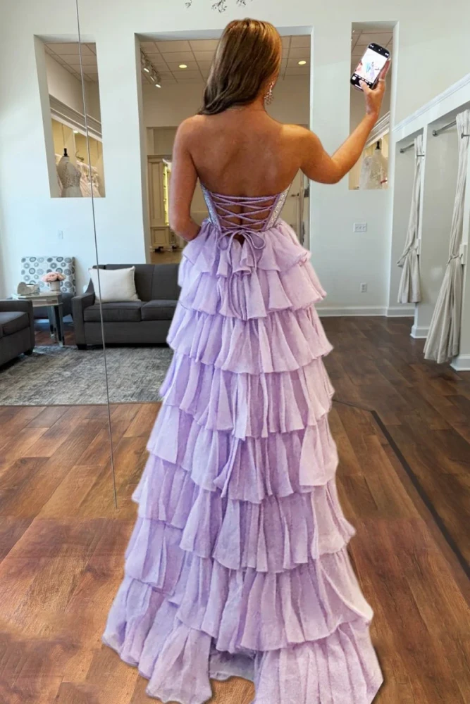 Hanya | Lavender - A Line Strapless Chiffon Beaded Corset Long Prom Dress With Slit