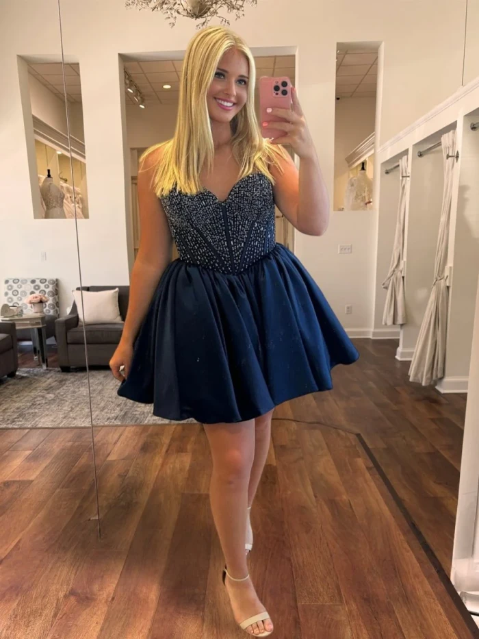 Hira | Navy Blue - Strapless Satin A Line Short Homecoming Dresses With Beading