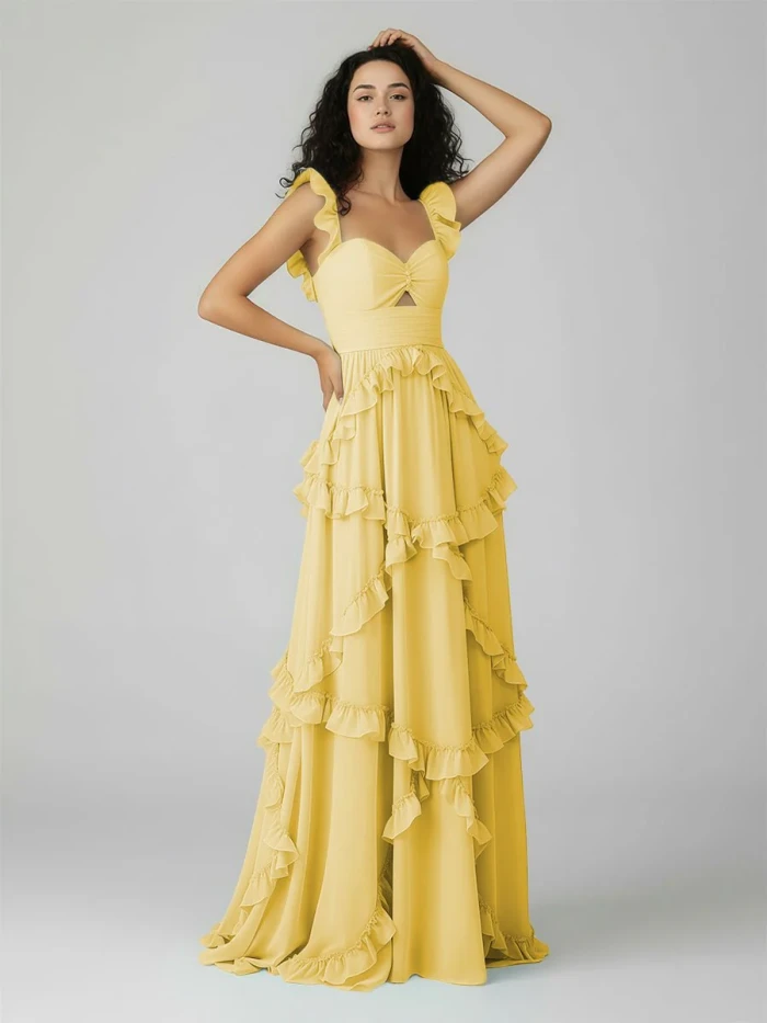 Hubery | A-Line Straps Sky Blue Chiffon Ruffles Long Prom Dress