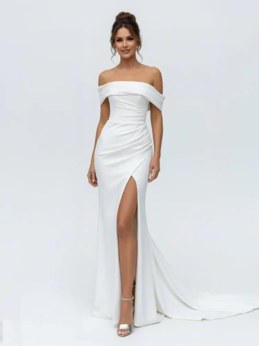 Hathaway | Mermaid Satin Off-the-Shoulder Sheath Wedding Dress with Zipper and Slit