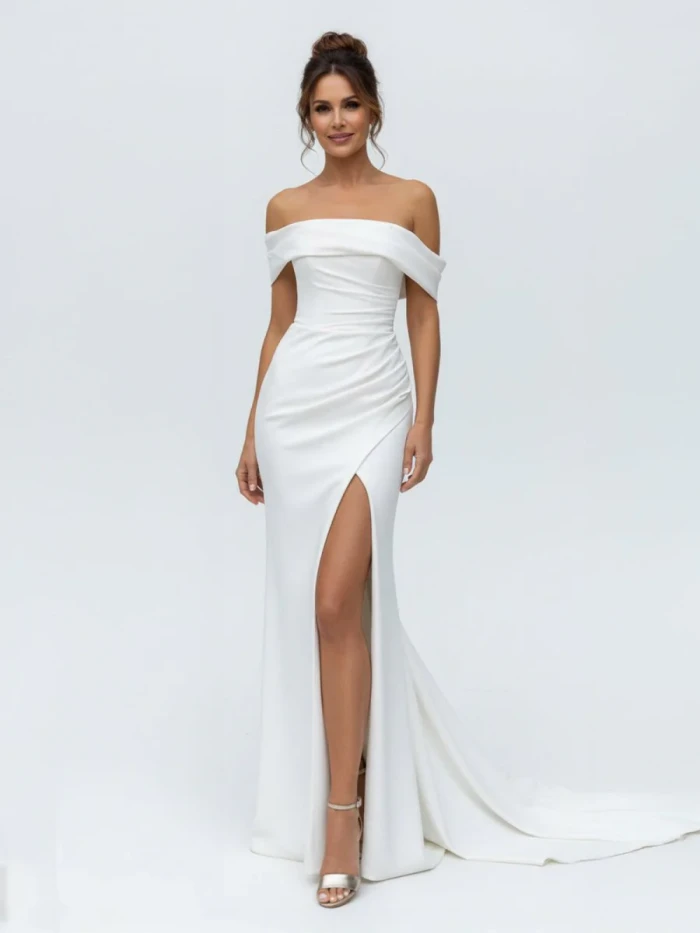 Hathaway | Mermaid Satin Off-the-Shoulder Sheath Wedding Dress with Zipper and Slit