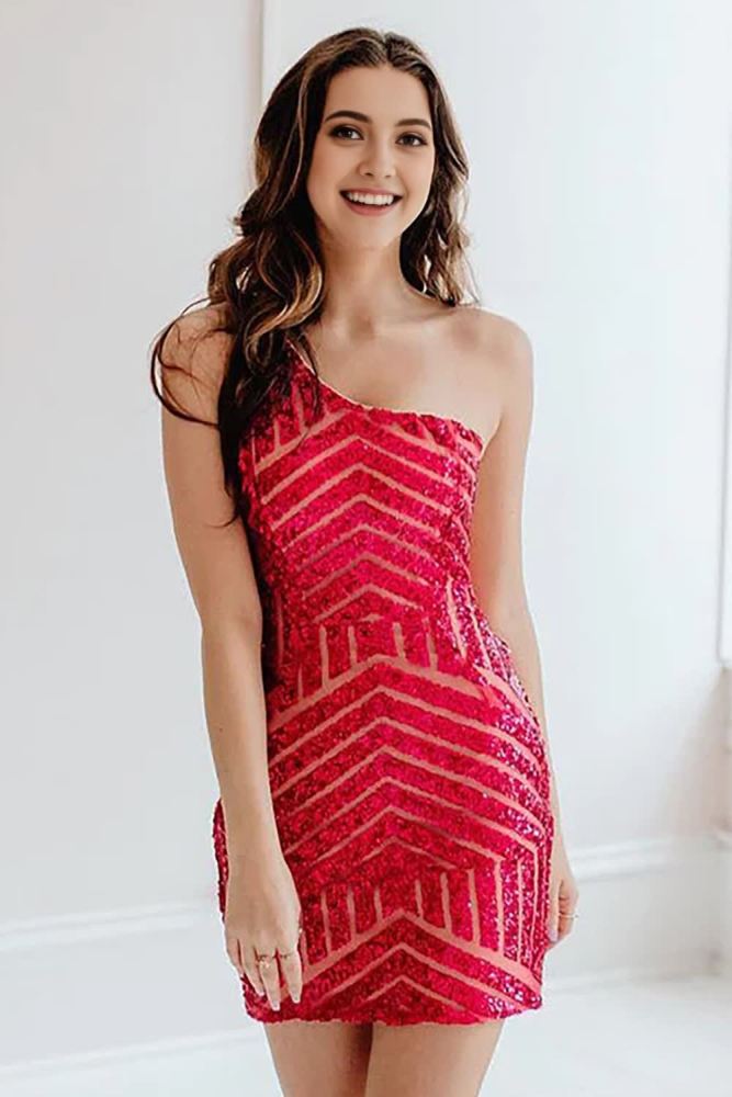 Hot Pink Sheath One Shoulder Sequins Mini Party Dresses