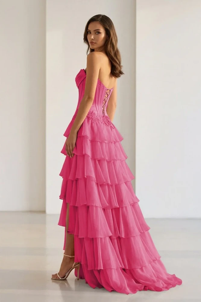 Jaleira | Pink - Sweetheart Chiffon Ruffled A Line Formal Prom Dresses With Appliques