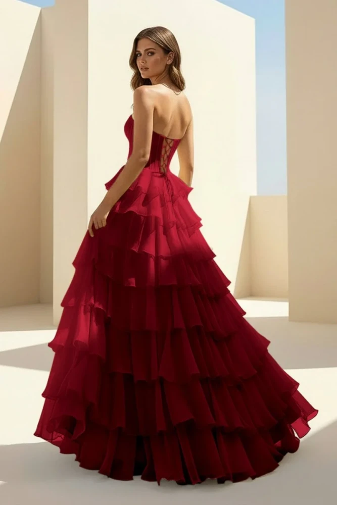 Haliah | Pink - Strapless A Line Chiffon Tiered Prom Dresses With Appliques