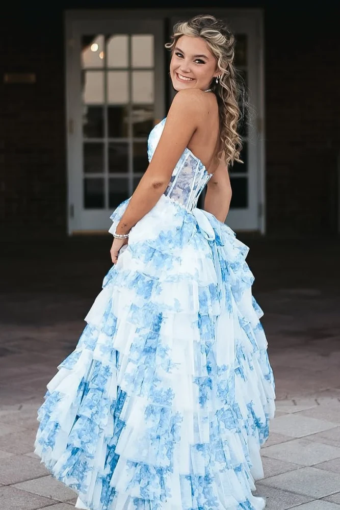 Inari | Blue – A Line Floral Tulle Halter Long Prom Dress with Ruffles and Beading