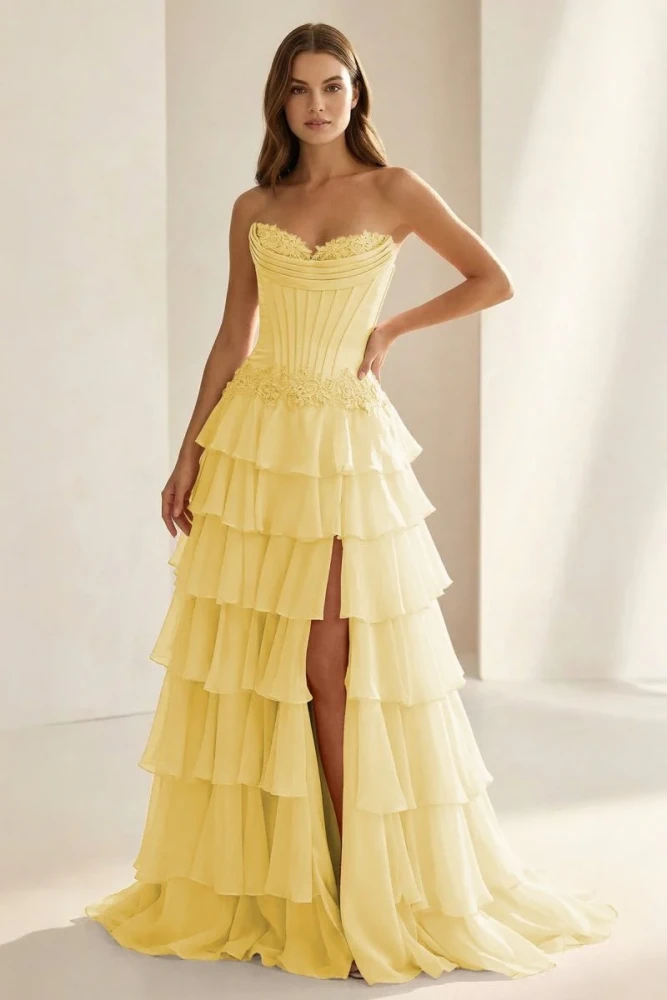 Jaleira | Pink - Sweetheart Chiffon Ruffled A Line Formal Prom Dresses With Appliques