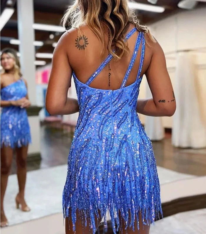 Isenia | Sparkly Blue One Shoulder Sequins Mini Party Dresses with Fringes