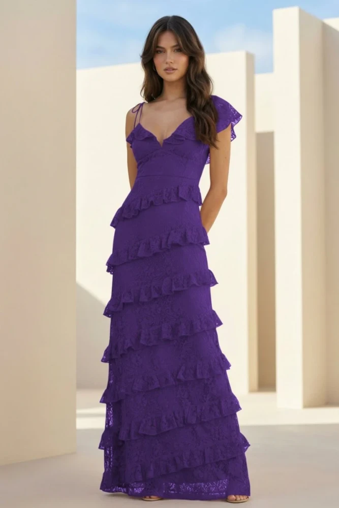 Iverie | Red Sheath V Neck Lace Long Prom Dresses With Ruffles
