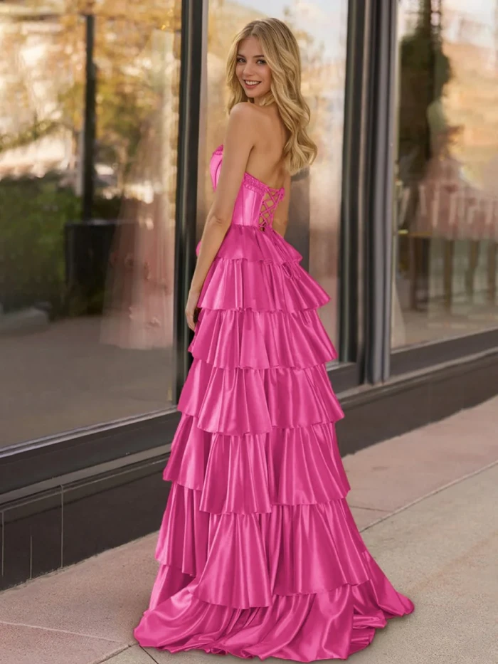 Indiana | Yellow Strapless Satin Ruffle Tiered Beaded A Line Prom Dresses