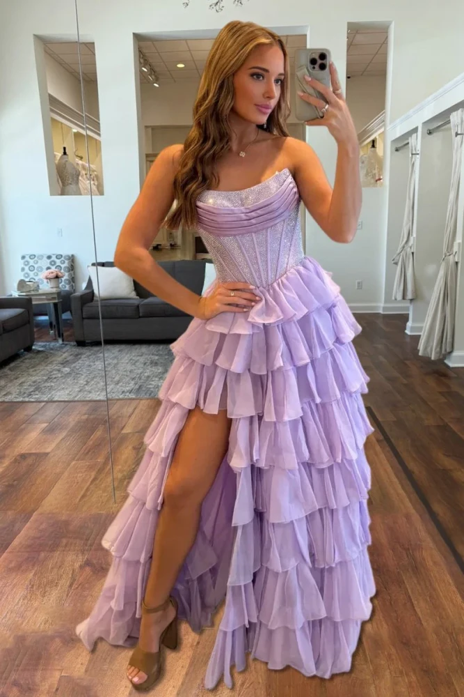 Hanya | Lavender - A Line Strapless Chiffon Beaded Corset Long Prom Dress With Slit