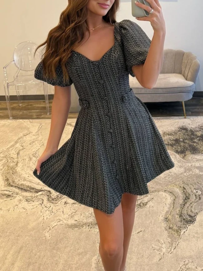 Idony | Black - A Line V Neck Textured Tweed Homecoming Dresses with Puffed Sleeves