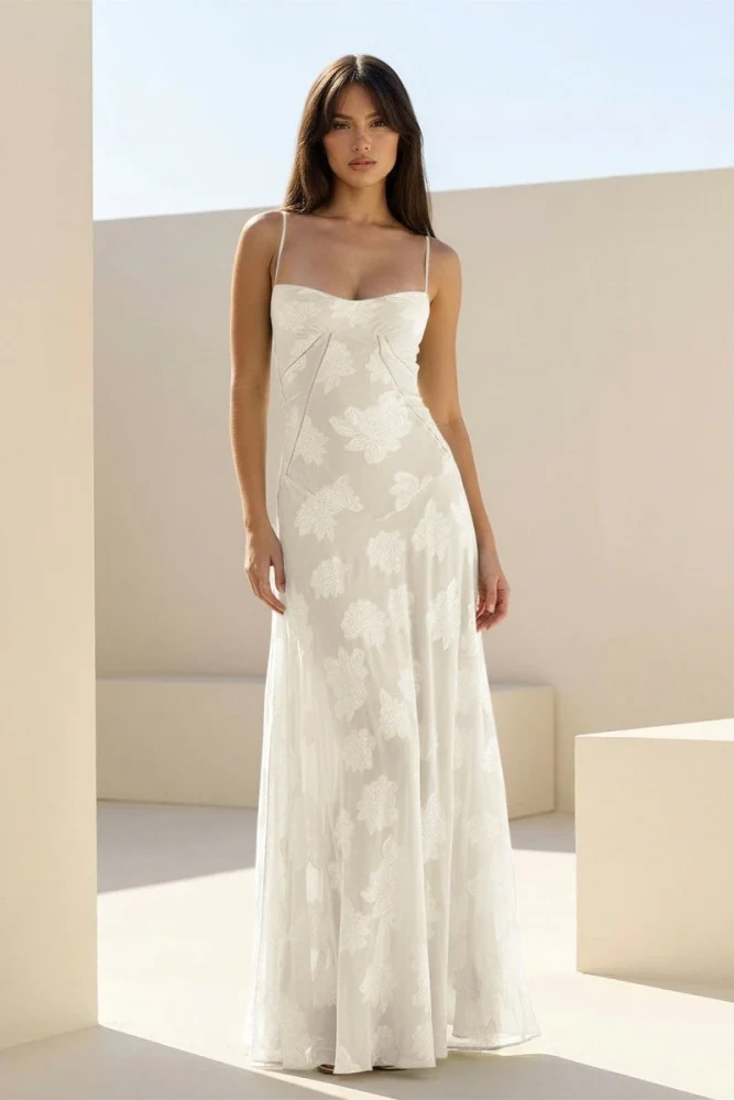 Imre | Pink - Sheath Satin Floral Spaghetti Straps Long Prom Dresses