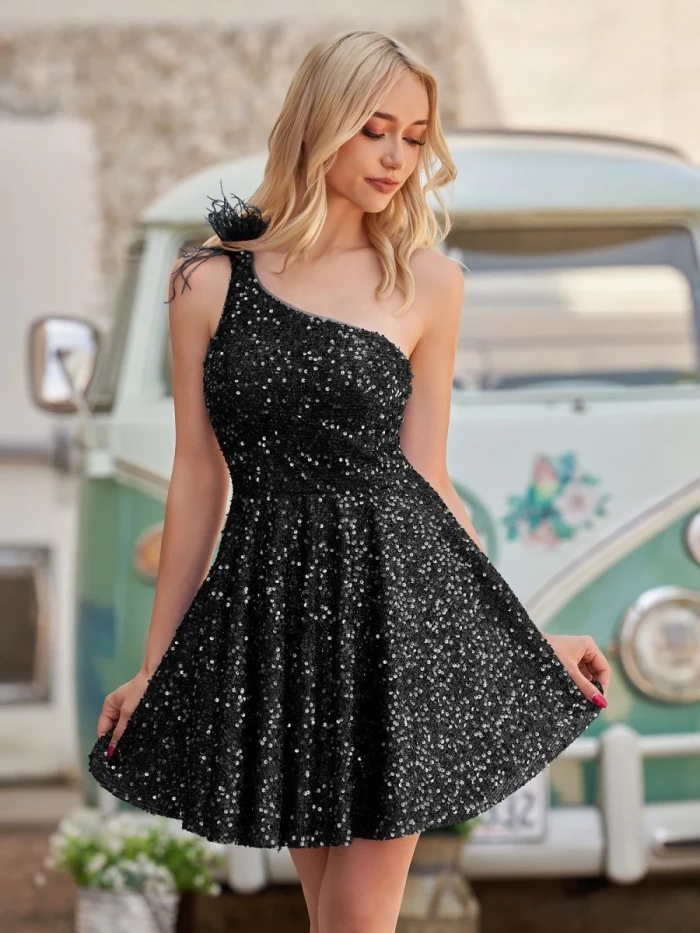 Holli | Royal Blue - One Shoulder A Line Sequins Homecoming Dresses With Feathers