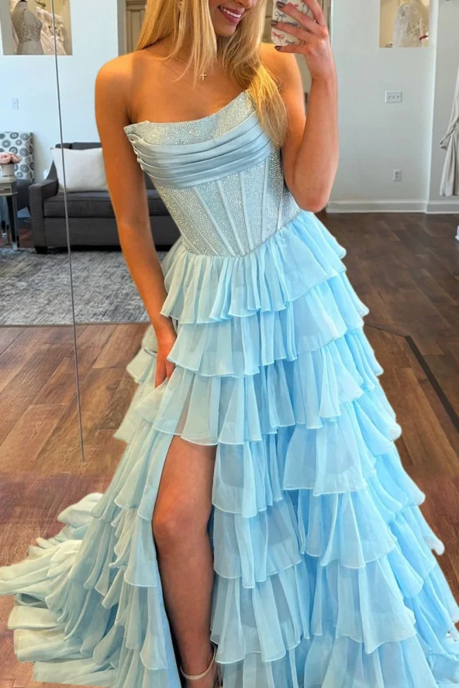Hanya | Sky Blue - A Line Strapless Chiffon Beaded Corset Long Prom Dress With Slit