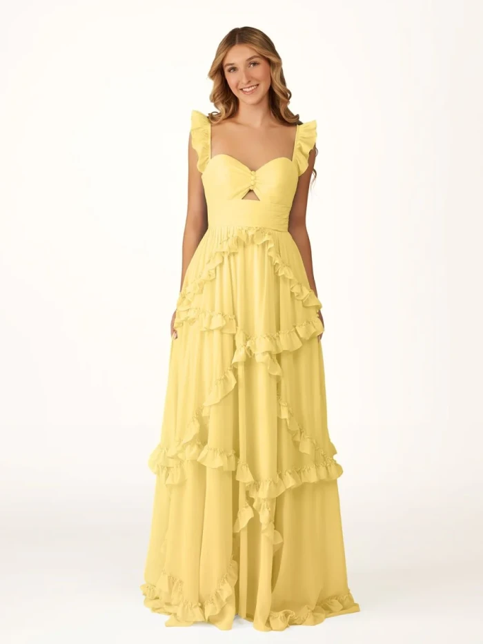 Hubery | A-Line Straps Sky Blue Chiffon Ruffles Long Prom Dress