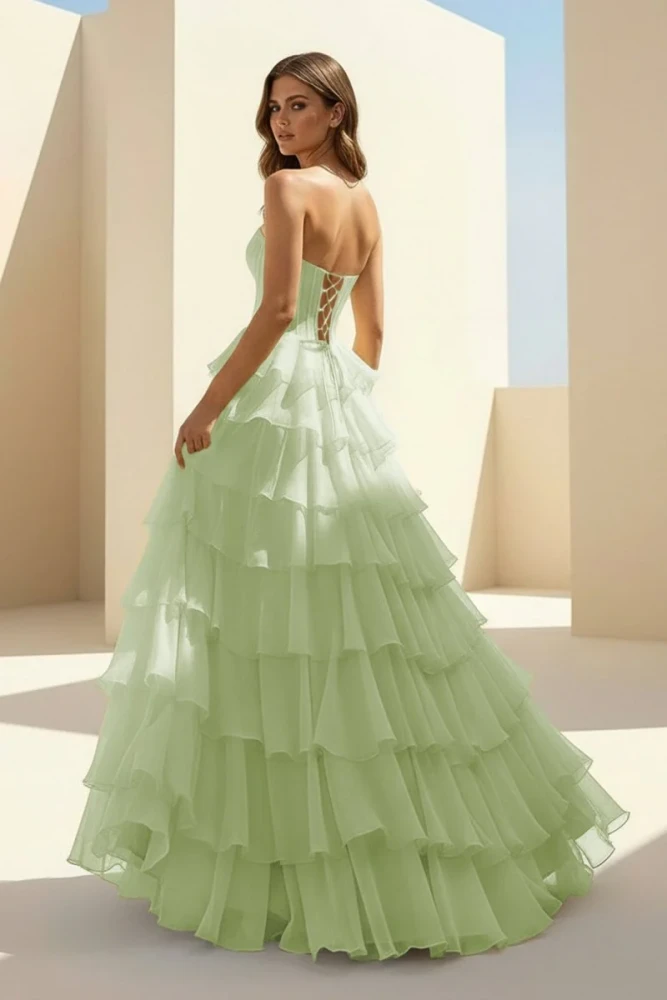 Haliah | Pink - Strapless A Line Chiffon Tiered Prom Dresses With Appliques