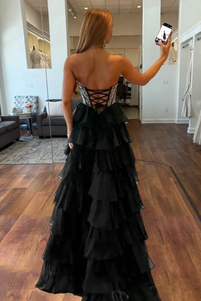 Hanya | Black - A Line Strapless Chiffon Beaded Corset Long Prom Dress With Slit