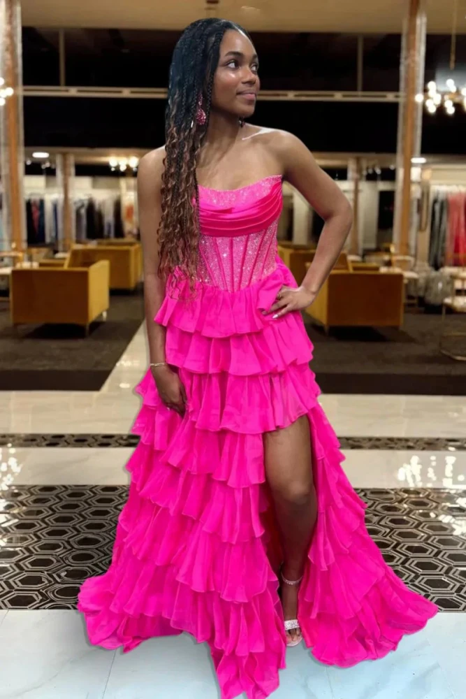 Hanya | Fuchsia - A Line Strapless Chiffon Beaded Corset Long Prom Dress With Slit