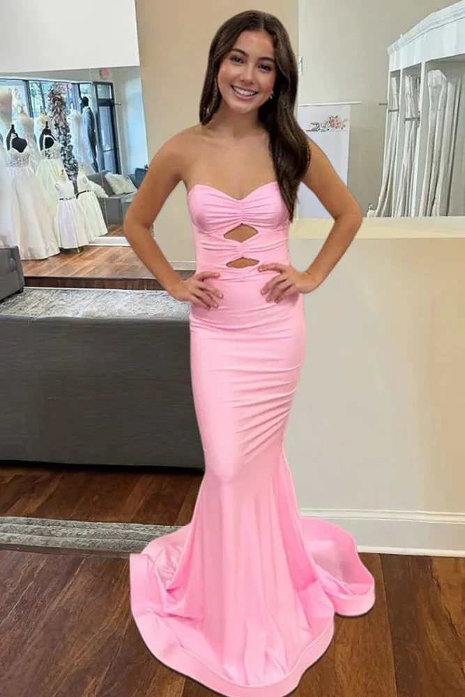 Isalyn | Yellow - Strapless Mermaid Satin Long Prom Dresses With Cutout