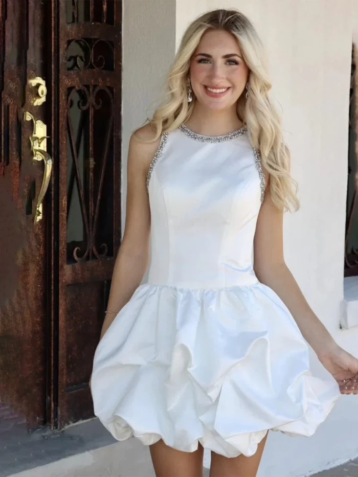 Hayla | White Jewel Neck Beaded Sleeveless Ruffle Homecoming Dress