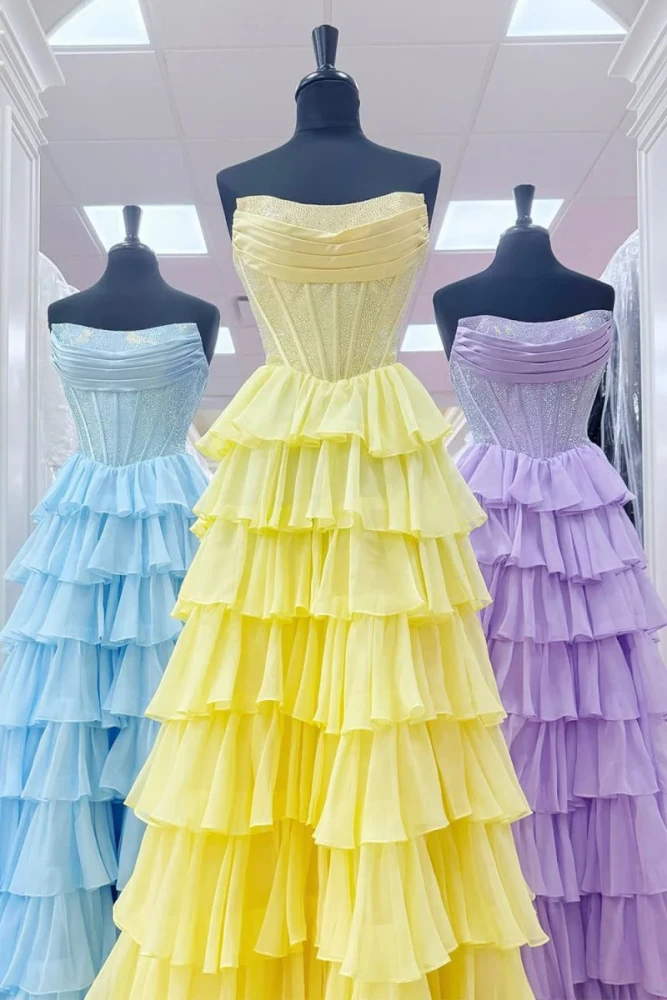 Hanya | Yellow - A Line Strapless Chiffon Beaded Corset Long Prom Dress With Slit