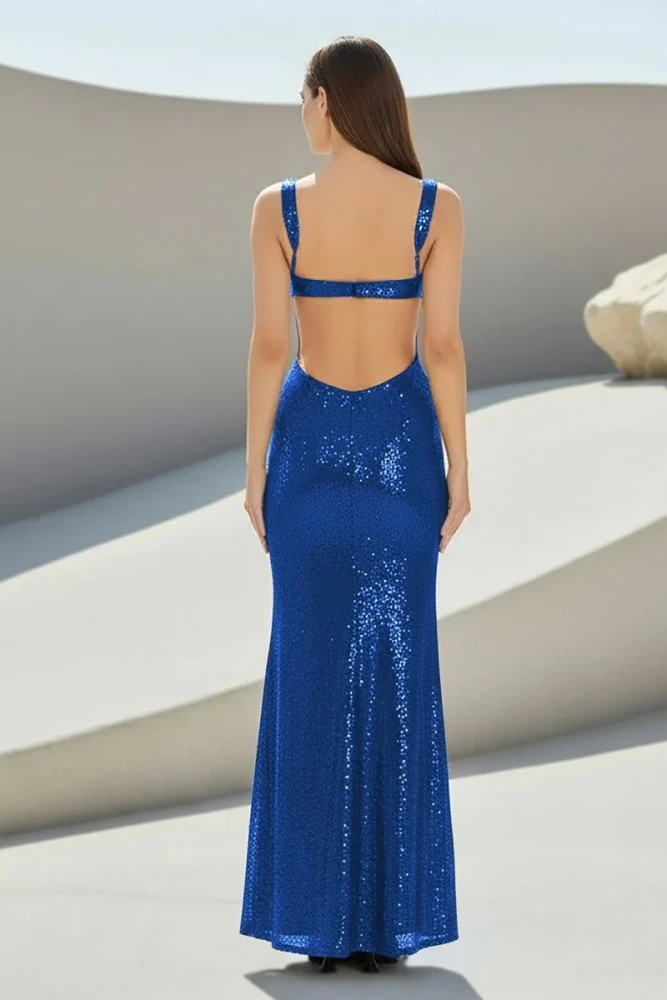 Inoria | Dark Green - Scoop Neck Mermaid Sequins Long Prom Dresses With Cutout