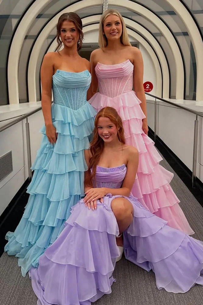 Hanya | Lavender - A Line Strapless Chiffon Beaded Corset Long Prom Dress With Slit