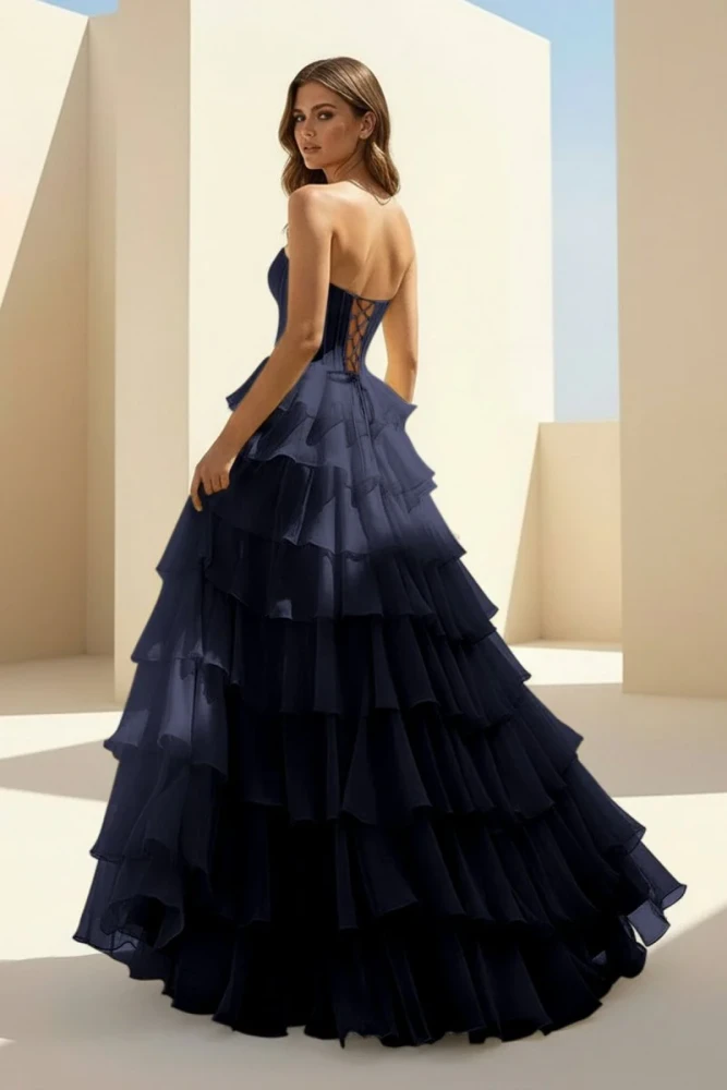 Haliah | Pink - Strapless A Line Chiffon Tiered Prom Dresses With Appliques