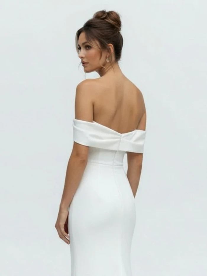 Hathaway | Mermaid Satin Off-the-Shoulder Sheath Wedding Dress with Zipper and Slit