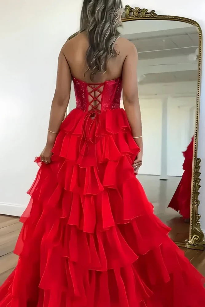Hanya | Red - A Line Strapless Chiffon Beaded Corset Long Prom Dress With Slit