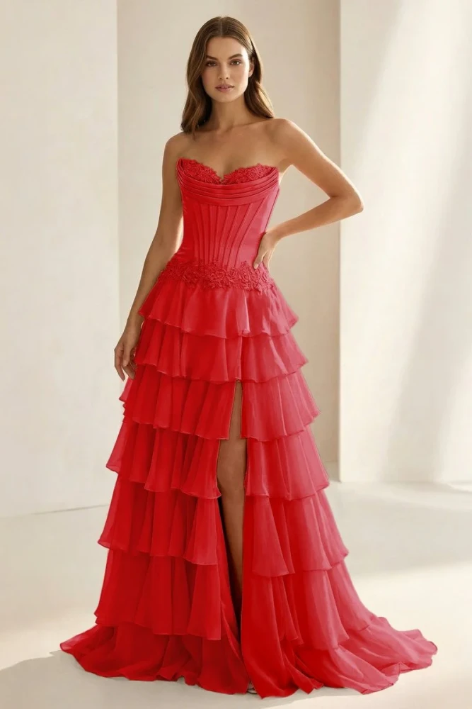 Jaleira | Pink - Sweetheart Chiffon Ruffled A Line Formal Prom Dresses With Appliques