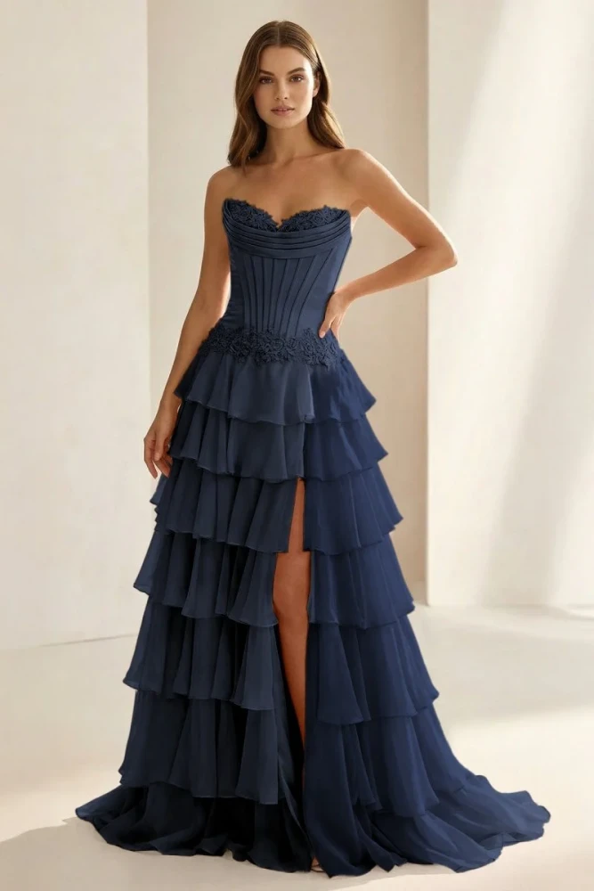 Jaleira | Pink - Sweetheart Chiffon Ruffled A Line Formal Prom Dresses With Appliques