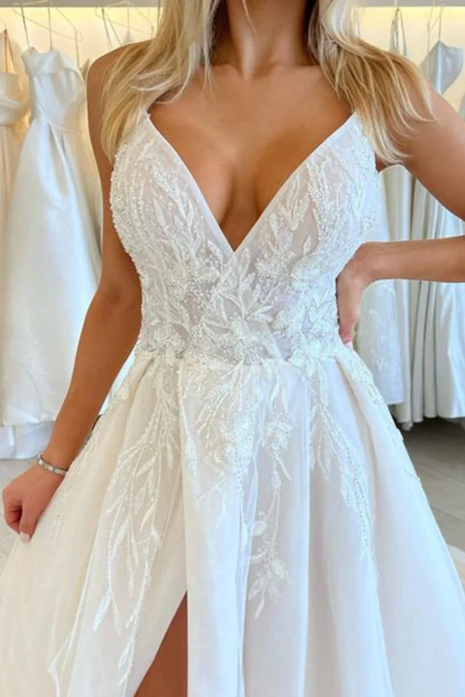 Gorgeous A Line V Neck Organza Long Wedding Dresses with Appliques